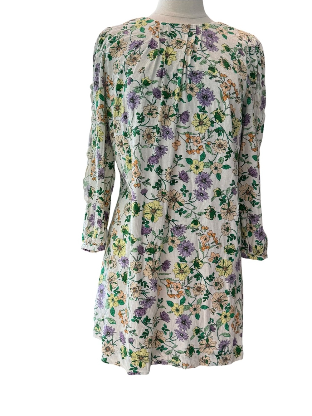 Loft Dress Floral Linen Blend Long Sleeve Shift Cream White Sz 12 Petite